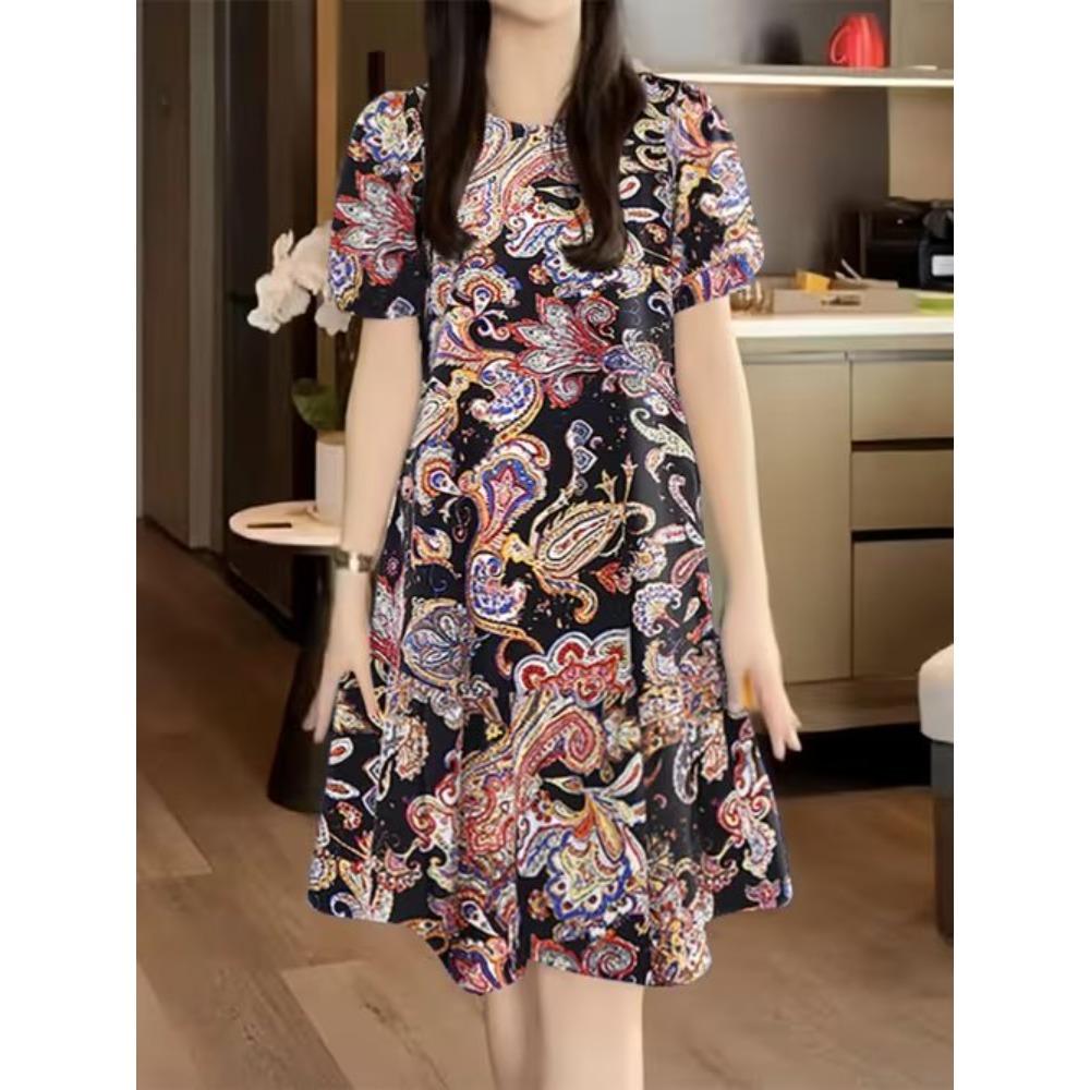 Women's Fashion Graceful Beautiful and Exquisite Patterns Print Summer Spring Short Sleeve O-Neck Casual Dresses