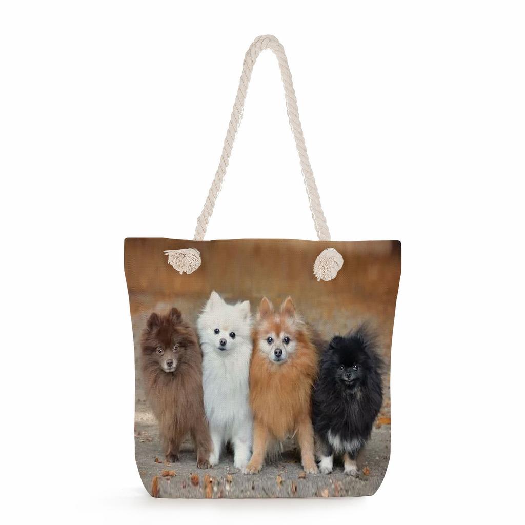 Multifunctional Dog Printed Thick Rope Shoulder Beach Bag Casual Large Capacity Handbag 7620
