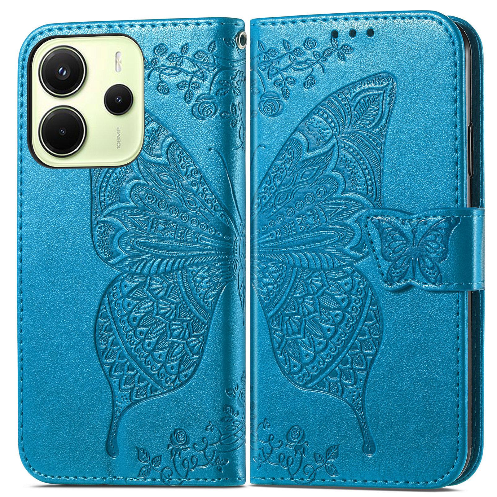 

For Xiaomi Redmi Note 14 4G (163.25x76.55x8.16mm) Case with Strap Butterfly Pattern PU Leather Wallet Phone Cover Blue