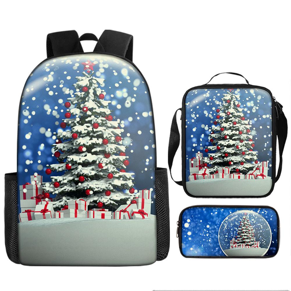 Santa Claus Christmas Tree Backpack Elementary School Bag Large Capacity Leisure Bag Lunch Bag Pencil Bag Three-piece Set