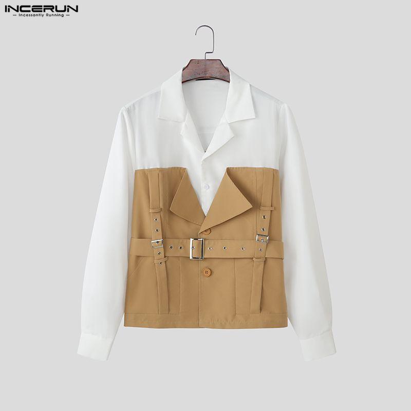 INCERUN Men Lapel Neck Patchwork Hit Color Long Sleeve Casual Shirts Tops