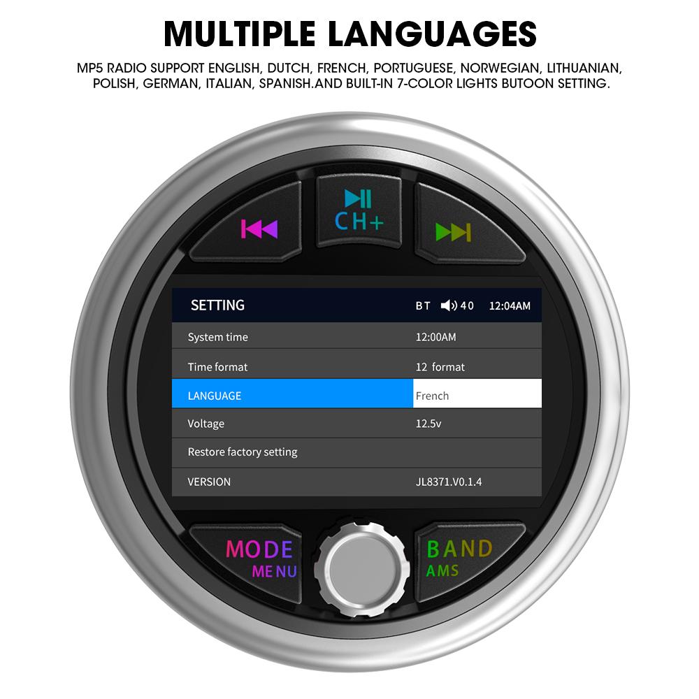 

Радиостанция для катера MP5, морской стереоисточник, медиаплеер, AM, FM, RDS, приемник, воспроизведение видео MP3, MP4, Bluetooth, AUX для квадроцикла UTV SPA RZR 8371 серый