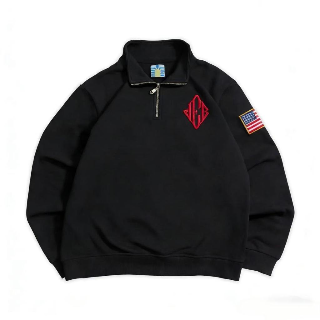 FlowStreet Y2K Tmavě modrá mikina se čtvrtinovým zipem s vyšívanou americkou vlajkou USA, bunda, muži, ženy, Vintage Streetwear, módní trend, top