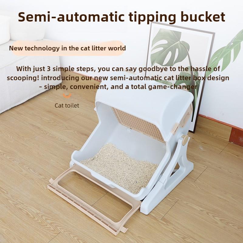 Semi Automatic Enclosed Cat Litter Box with Tipping Bucket Large Capacity Cats Litter Box Cute Luxury Pet Toilet Pets Supplies