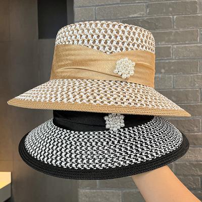 Pearl Webbing Flat Top Top Hat Women's New Summer Hollow Breathable Sunscreen Sunshade Hat