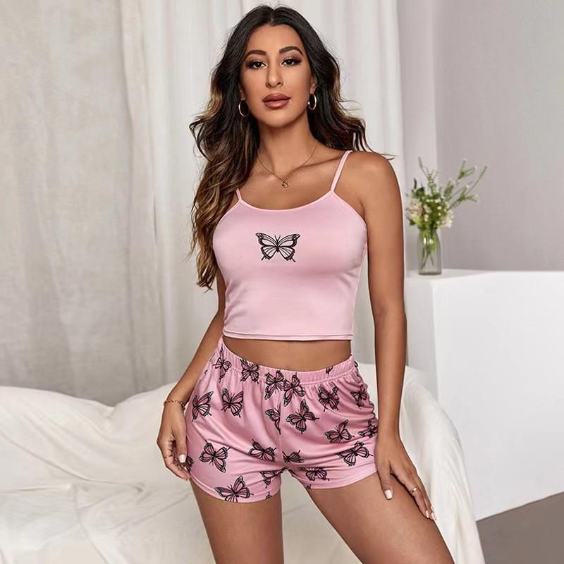 European-American Style Butterfly Print Women's Summer Pajama Set - Camisole and Shorts Homewear