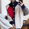 European Style Women's Color Block High Neck Wool Cardigan - Autumn/Winter Loose Fit Sweater Coat