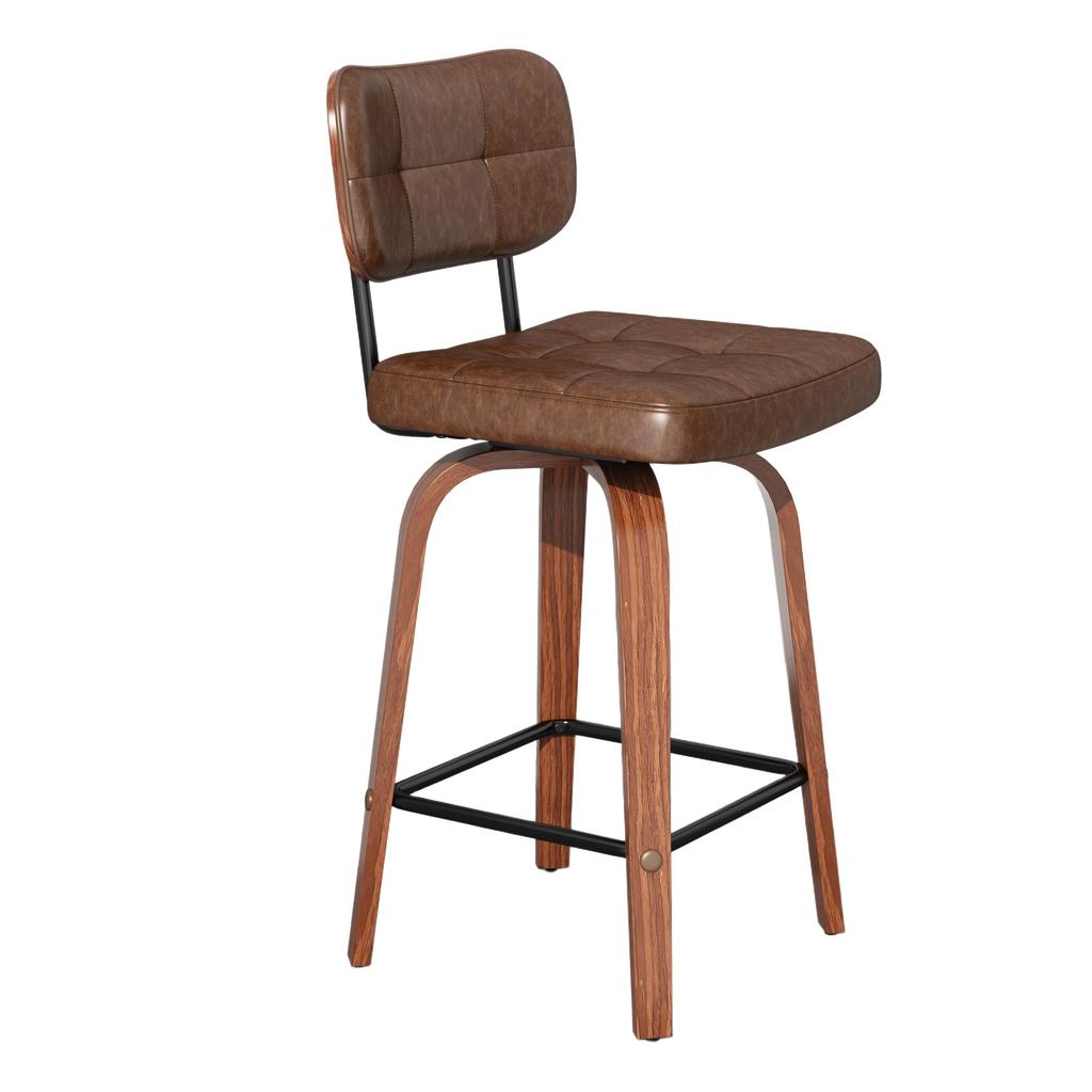 Bar Stool Curve – Swivel PU Upholstered Stool with Curved Wood Sickle Backrest & Metal Frame, 360 Degrees Swivel, Set of 2
