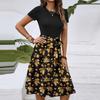 Women's Fashionable Retro Patterned Printing Color Blocked Belt Casual Dress