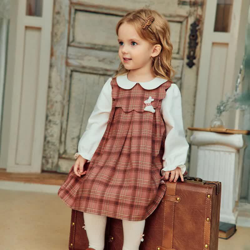DAVE&BELLA Girls' Faux Two-Piece Plaid A-Line Dress