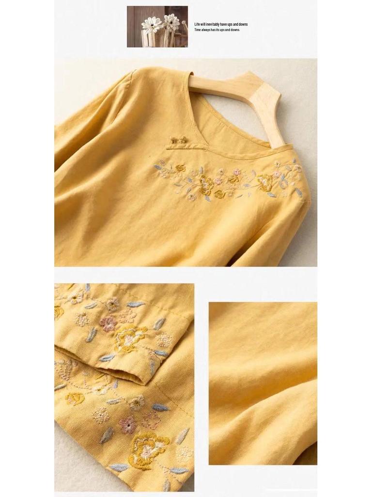 Damski T-shirt z bawełny i lnu z haftem: Jesień 2024 Luźny krój, Zakrywający brzuch, Wąski okrągły dekolt, Rękawy 3/4