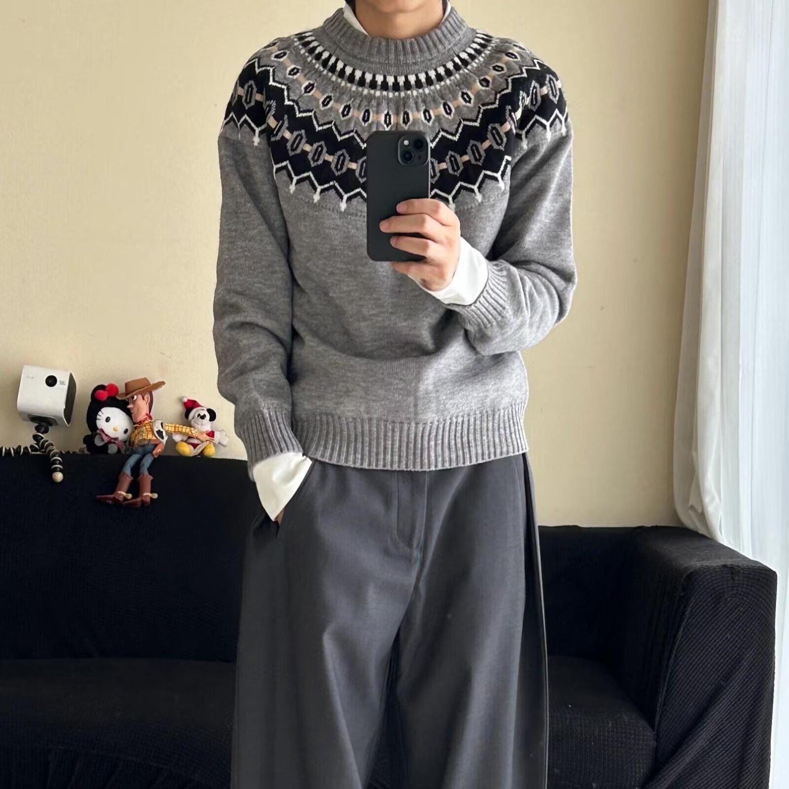 

Чоловічий ретро светр з ісландським візерунком Fair Isle, круглий виріз, важкий, осінньо-зимовий трикотаж, 2025 Large сірий колір