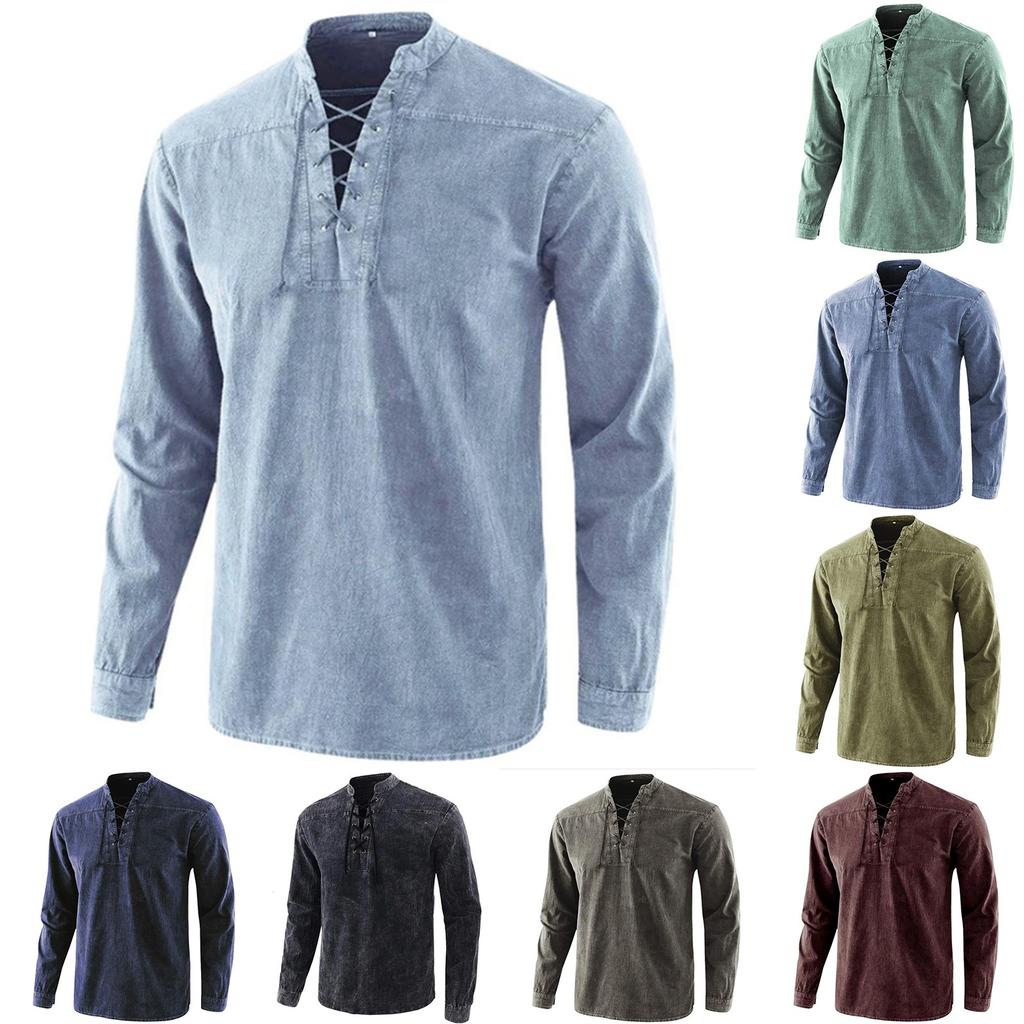 Men's Solid Color Vintage Laced Stand-Collar Loose Casual Shirt