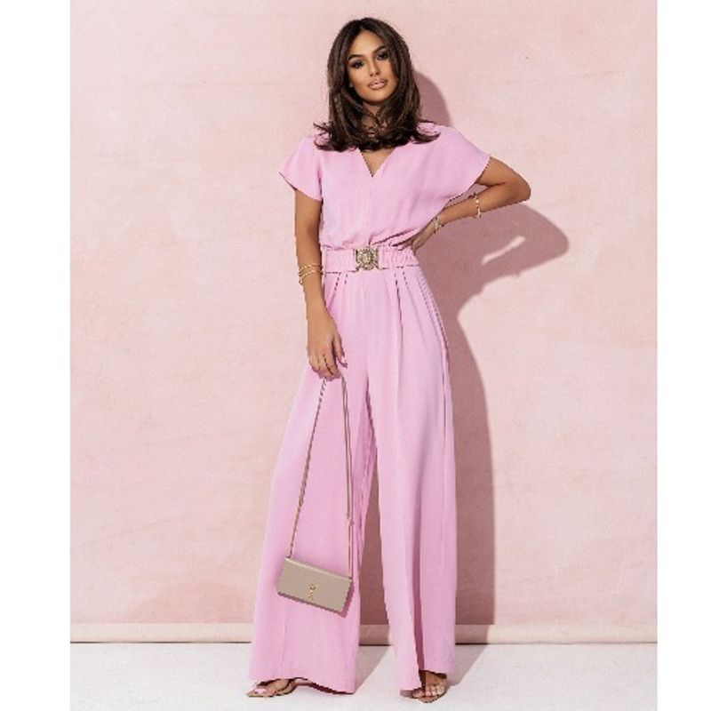 Fashion Spring/Summer New V-neck Fashion Temperament Pure Color Minimalist Loose Wide Leg Short Sleeve One-Piece Pants Jumpsuit