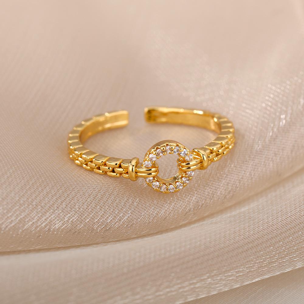 Fashion Chain Hollow Out Rings For Women Gold Color Stainless Steel Zircon Cross Open Ring Trendy Wedding Aesthetic Jewerly Gift