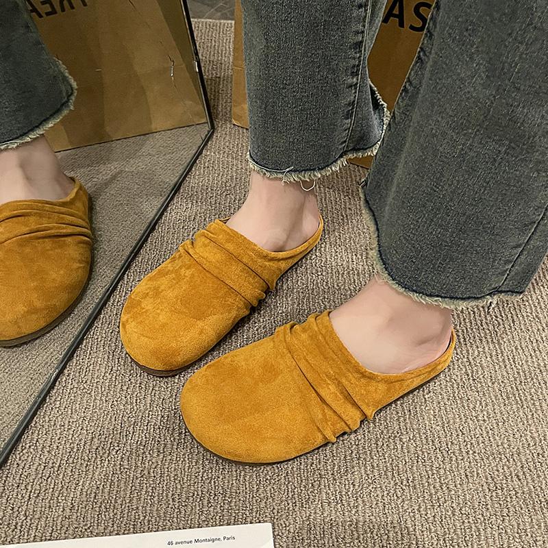 Fashion Aphixta Pleated Candy Color Flat Outside Woman Slippers Round Toe Low Heel Suede Slip On Half Slide Spring Summer Woman Shoes