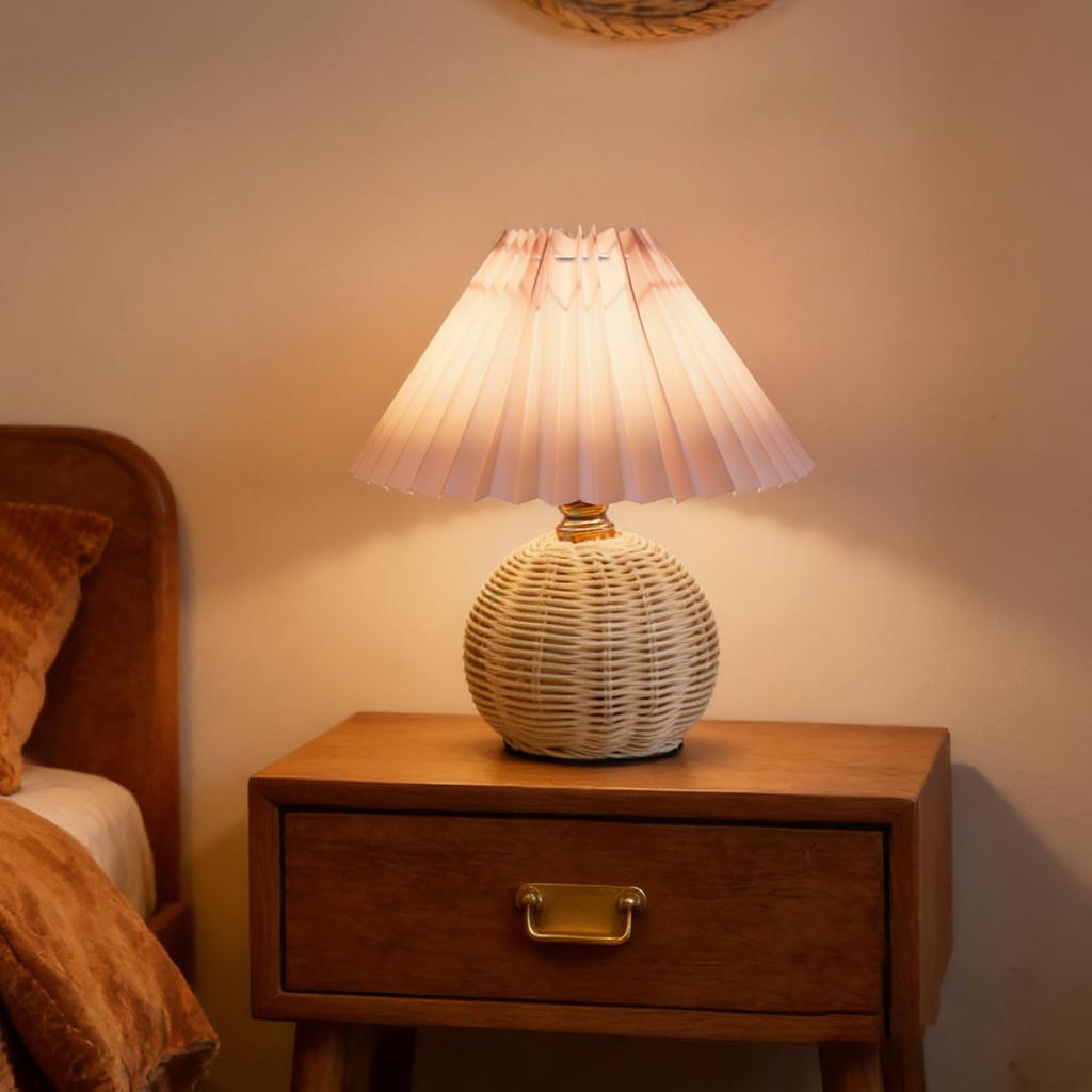 Plted Table Lamp Soft Yellow Light Linen Lampshade Rattan Base Bedside Lamp for Bedroom