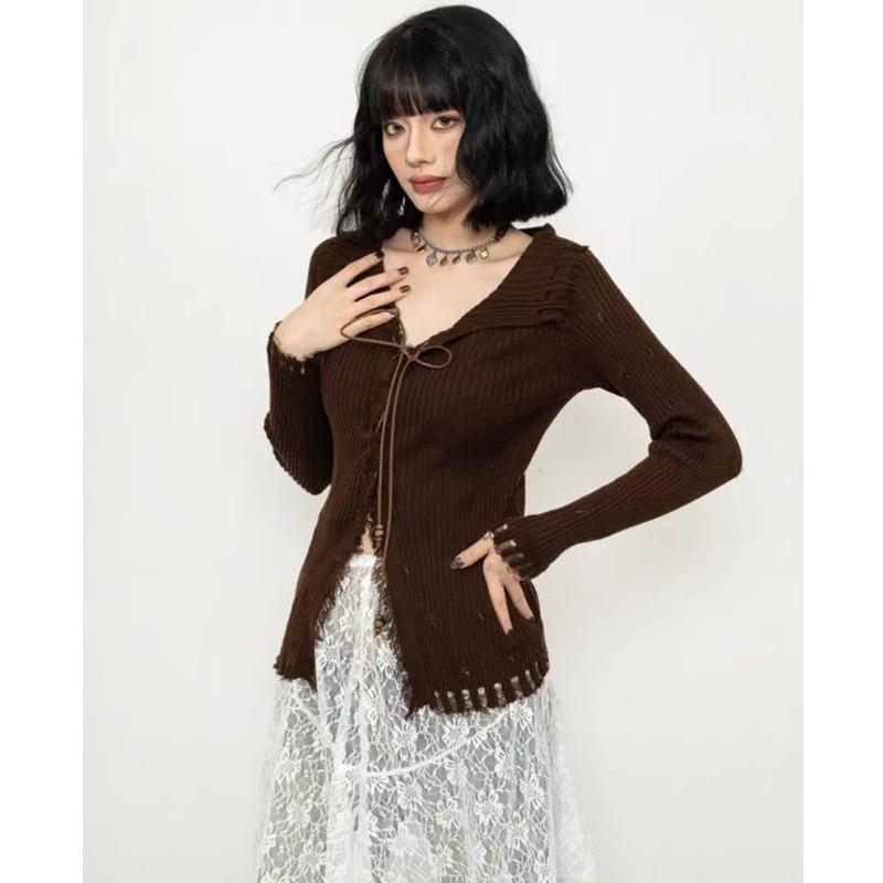 2025 Elegant Women Long Sleeve Pullover Sexy Sweater Korean Style Fashion Slim Fit Knitted Top Lace-up Autumn Solid Knitwear Clothiing