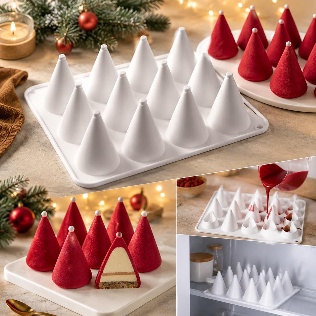8-Cavity Christmas Tree Cone Silicone Mold for Mousse Cake, Chocolate and Holiday Baking Treats