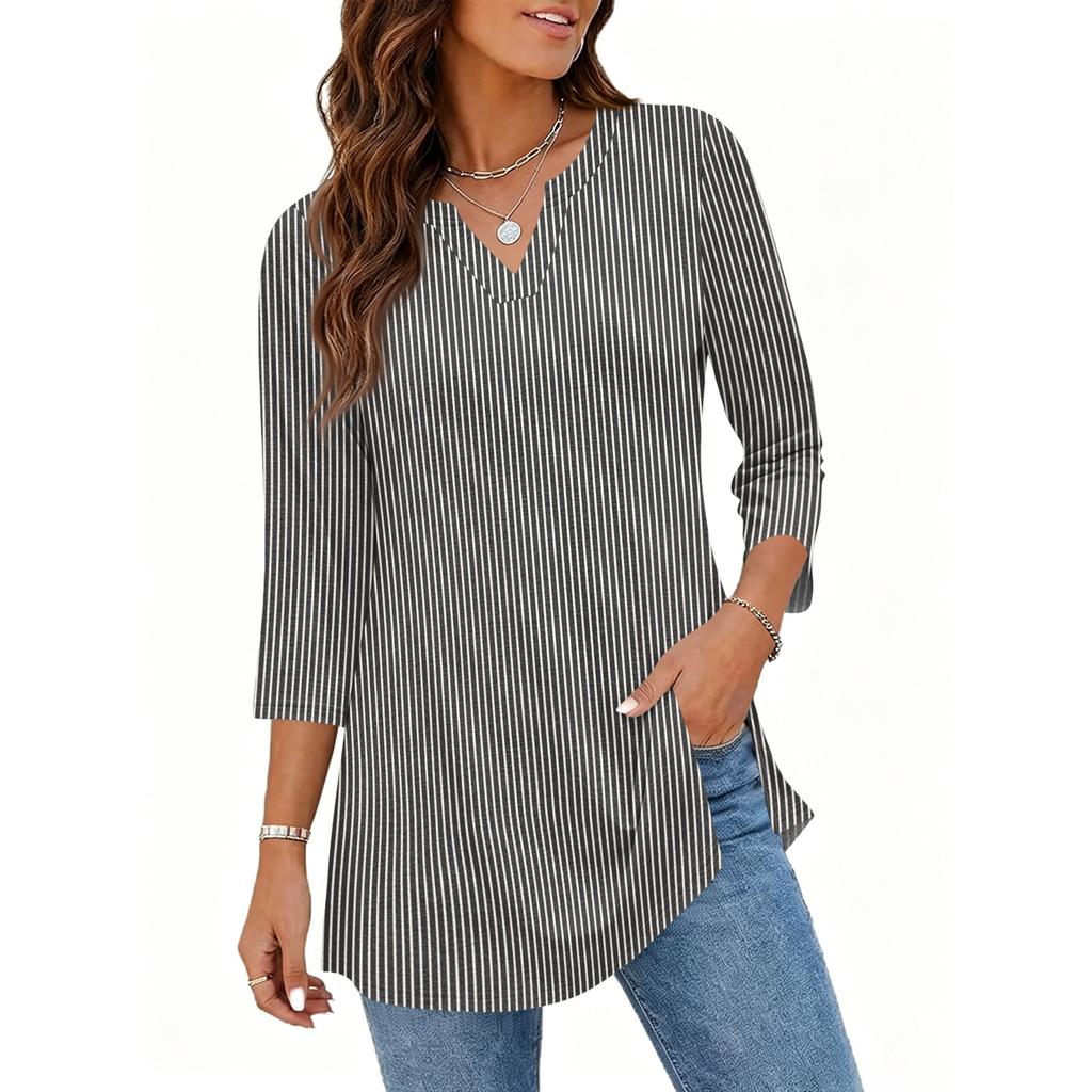 Damen V-Ausschnitt 3/4 Ärmel Pullover Tunika Oberteil mit Streifenmuster Lockerer Schnitt Lässige Mittellange Bluse für den täglichen Gebrauch