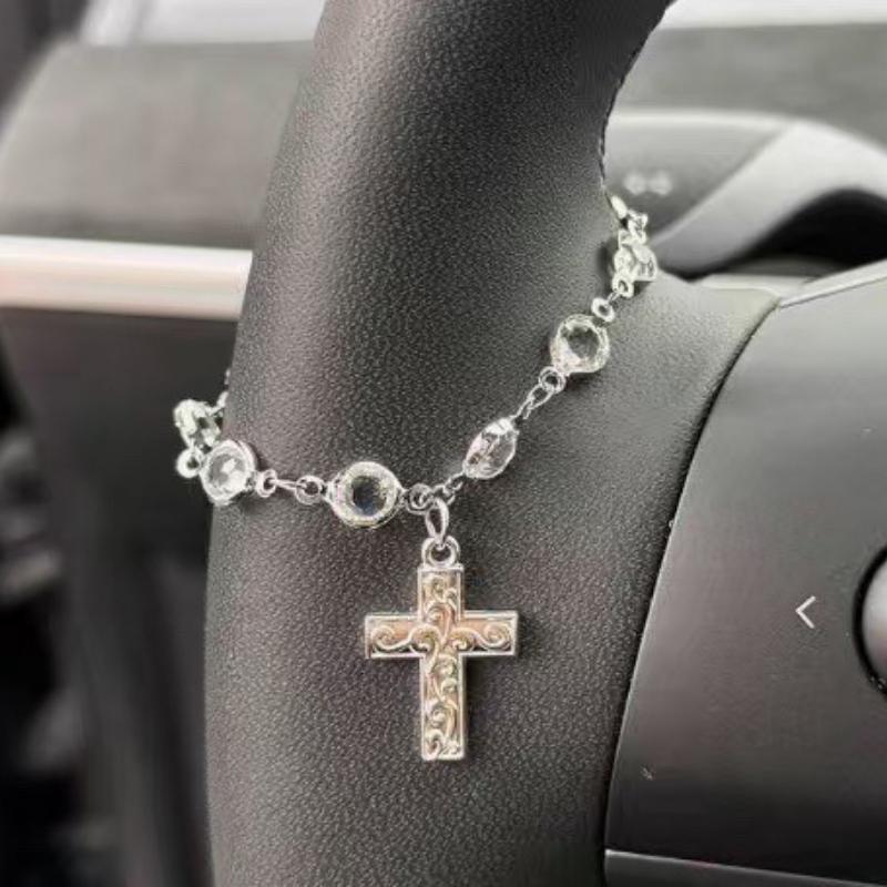 1pc Shiny Rhinestone Bow Heart Shaped Silver Chain Car Steering Wheel Decor For Women