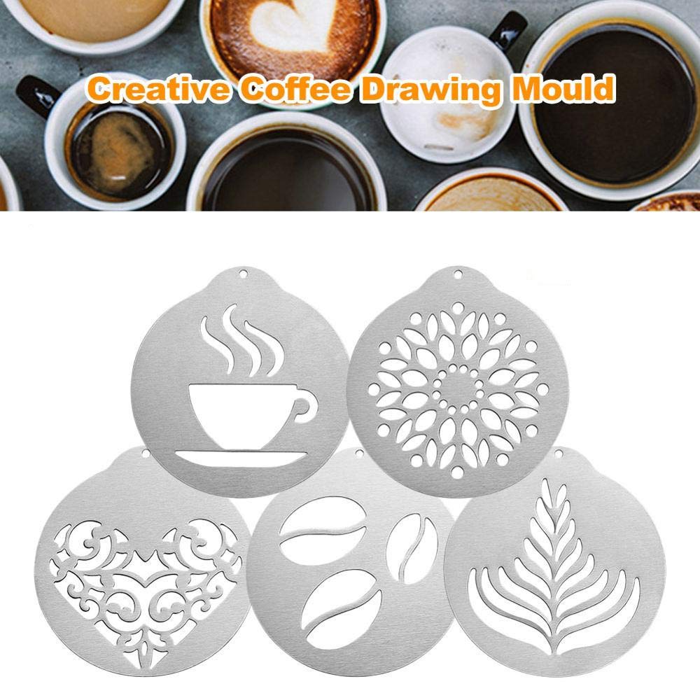 Set of 5 Stainless Steel Latte Art Templates, Stencil Sheets for Cappuccino and Latte Art, Coffee Decoration (Set of 5)