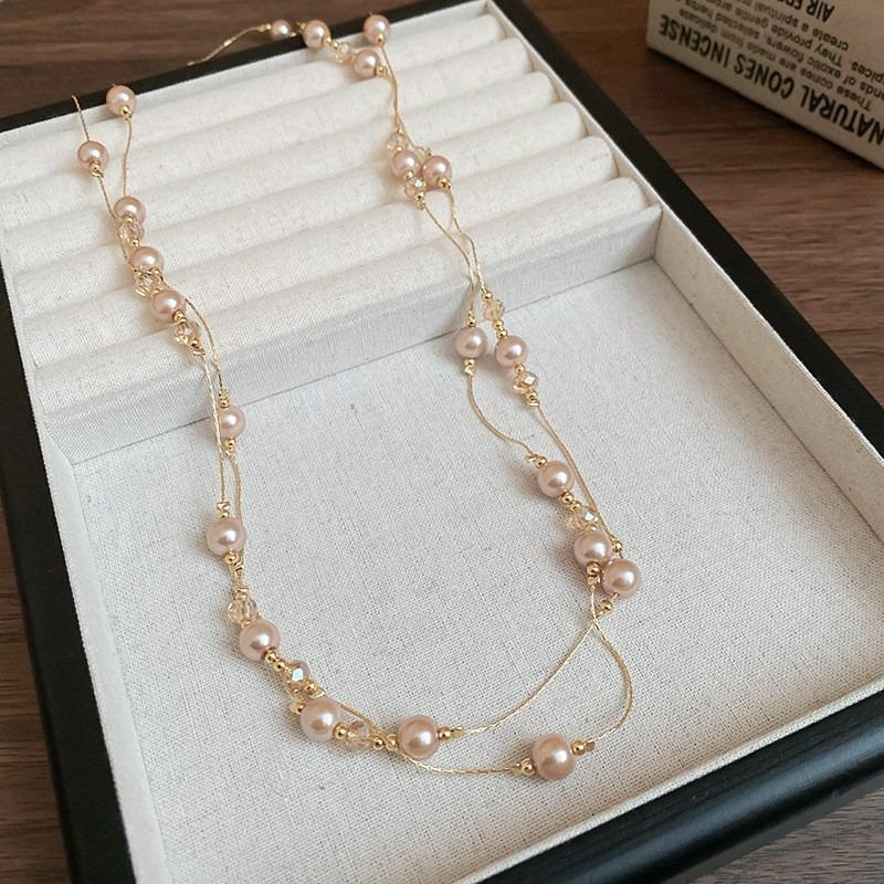 French Geometric Round Pearl Beaded Necklace Fashion Simple Court Style Necklace Light Luxury Premium Sweater Chain Women