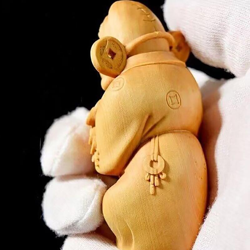 Wooden God of Wealth Characters  Small Statue Solid Wood Hand Carving  Home Room Office Lucky Feng Shui Characteristics Statue