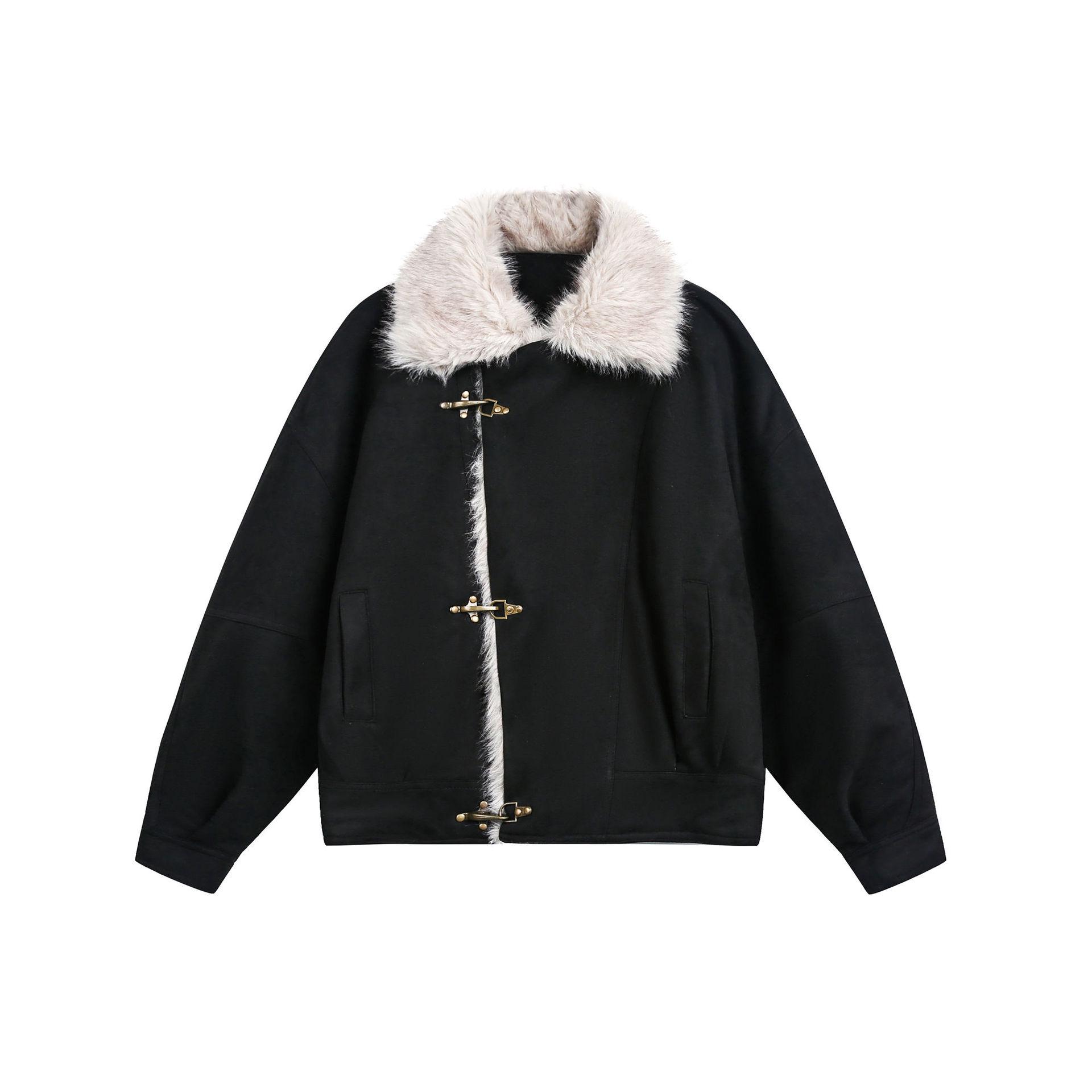 Зимняя японская ретро унисекс хлопковая куртка с пэчворк меховым воротником 2025 Large чёрный