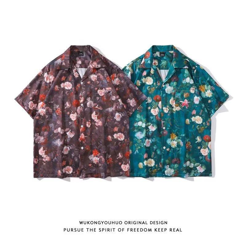 

Летняя мужская и женская рубашка с коротким рукавом с цветочным принтом, винтажная модная футболка в стиле ретро, ​​мужская гавайская рубашка, повседневный топ на пуговицах с принтом, пляжная рубашка для
