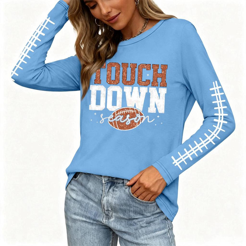 Women's Fashion Long Sleeve Neck Top with Rugby Graphic Print and Slit Hem