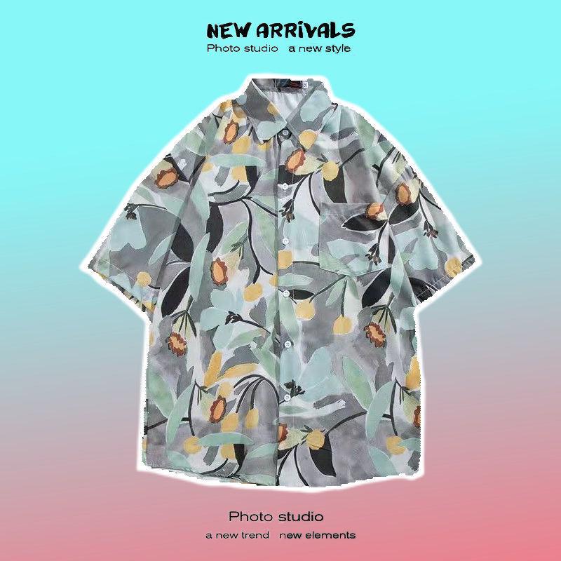 Pánská košile s krátkým rukávem v retro květinovém stylu ve stylu Hongkongu - Havajský design, Rebelská, Všestranná, Volný střih, Letní nošení, Ideální pro páry.