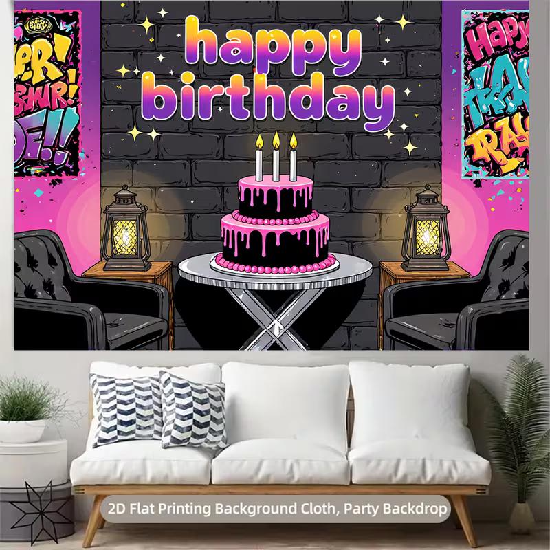 2D Happy Birthday Backdrop Banner, Graffiti Style Pink and Black Party Decor