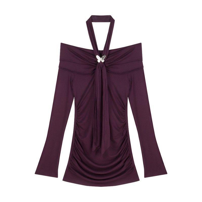 Neck Purple Long-sleeved Dress Women's Autumn and Winter Pure Desire Sexy Hip-wrapped Mom Skirt One-word Shoulder Celebrity Inner Skirt
