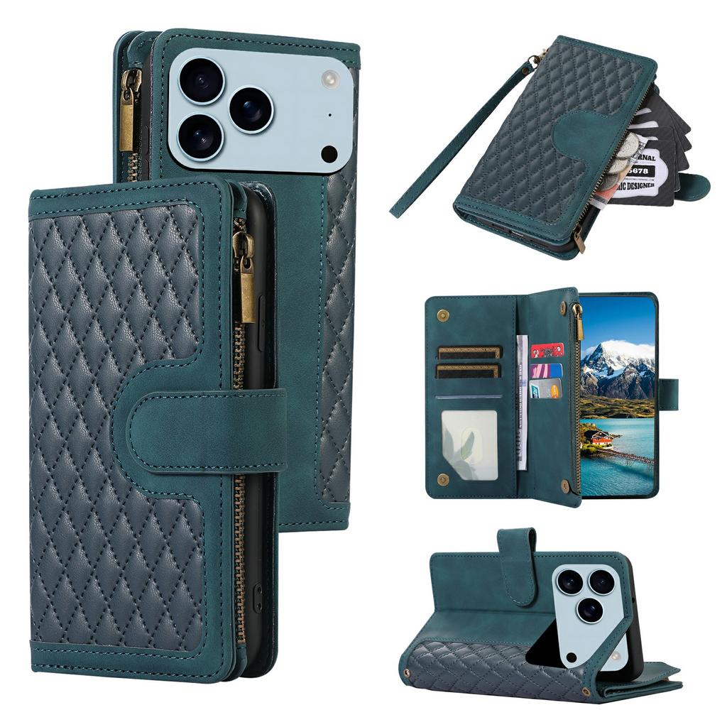 For iPhone 17 Pro Case 9 Card Slots Rhombus Design Leather Phone Cover with Wrist Strap
