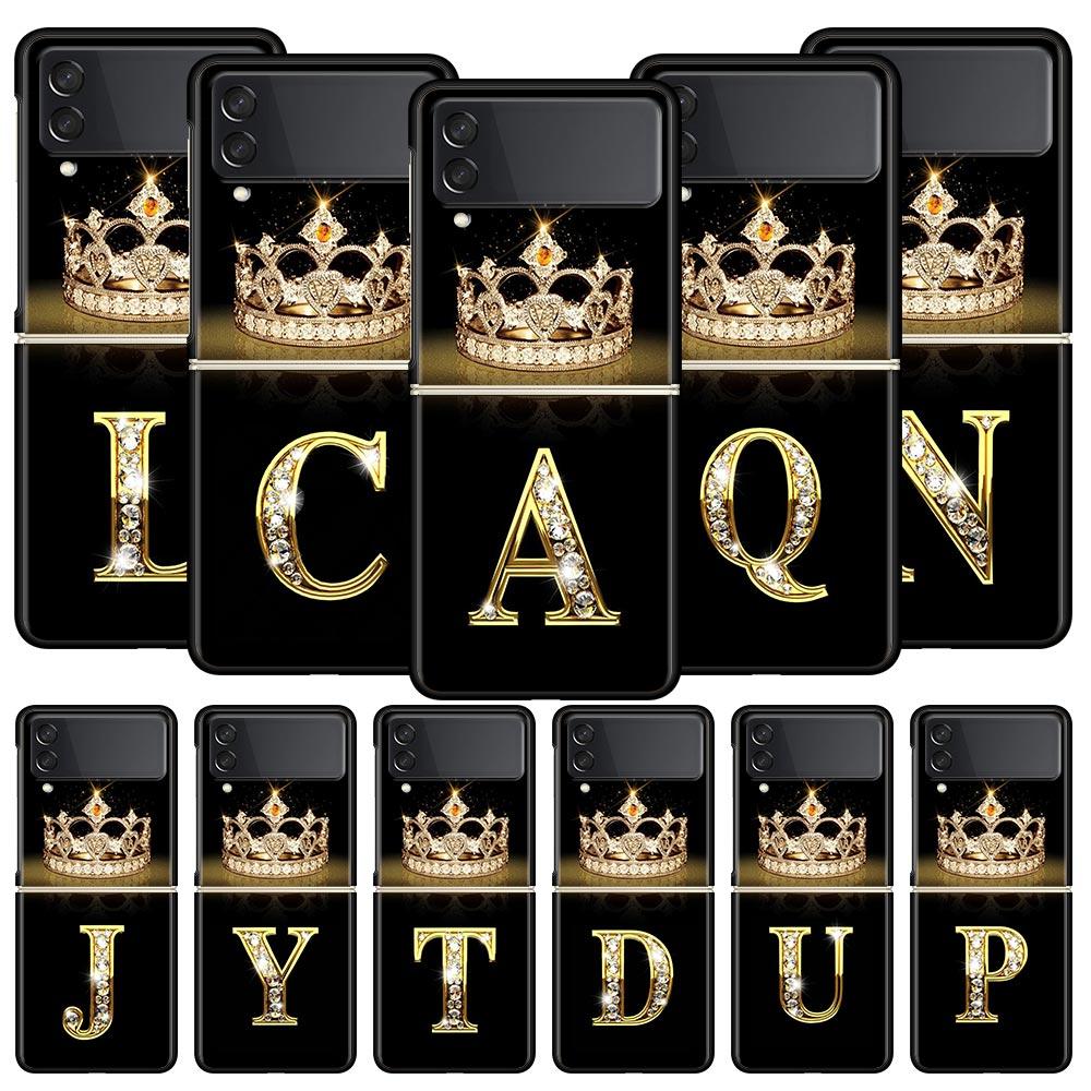 Custodia per Telefono per Samsung Galaxy Z Flip 3 4 5 Pieghevole Guscio Cellulare Duro PC Nero Capa Cover Protettiva Moda Corona di Diamanti Lettera A