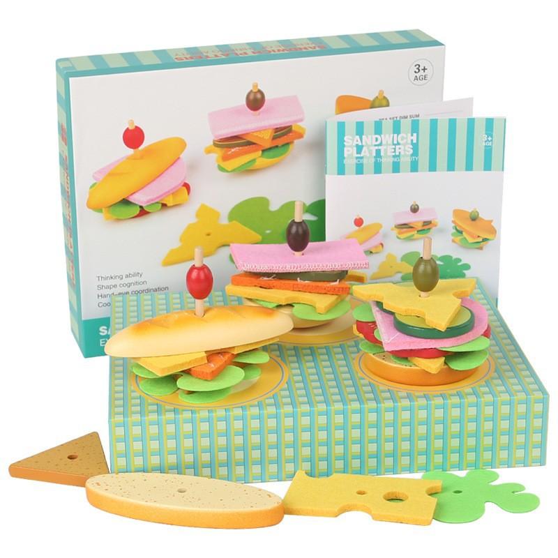 Children's Simulated Wooden Playhouse Burger Fries Sandwich Pairing Educational Food Cutting Set Kitchen Toys