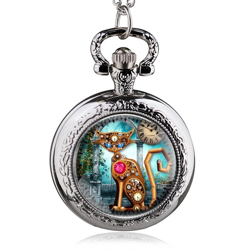 Bronze Vintage Steampunk Cat Locket Necklace Pocket Watch Pendant Gift