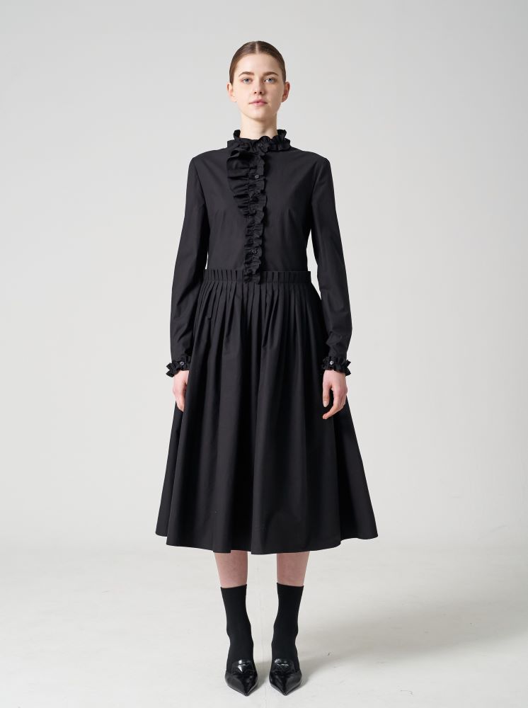 Seutyudiopolaenkeompeoni Poplin Pleated Ruffle Midi Dress