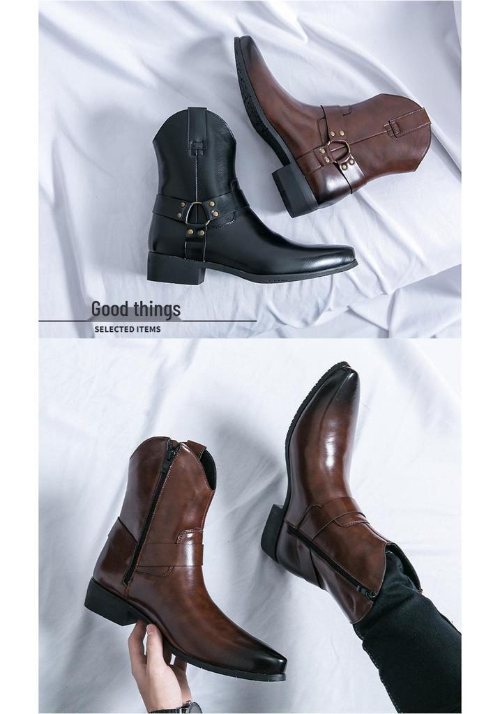 Men's Western Style Cowboy Boots - Pointed Toe, High-Top Leather Martin Boots