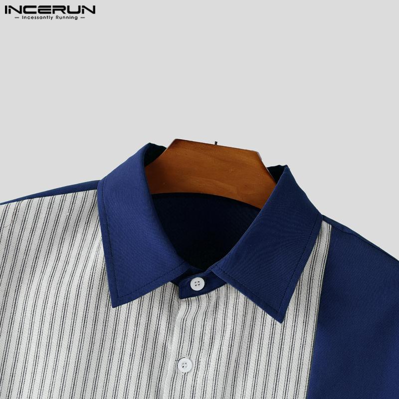 INCERUN Męskie koszule casualowe oversize z klapami, z krótkim rękawem, w paski, patchworkowe