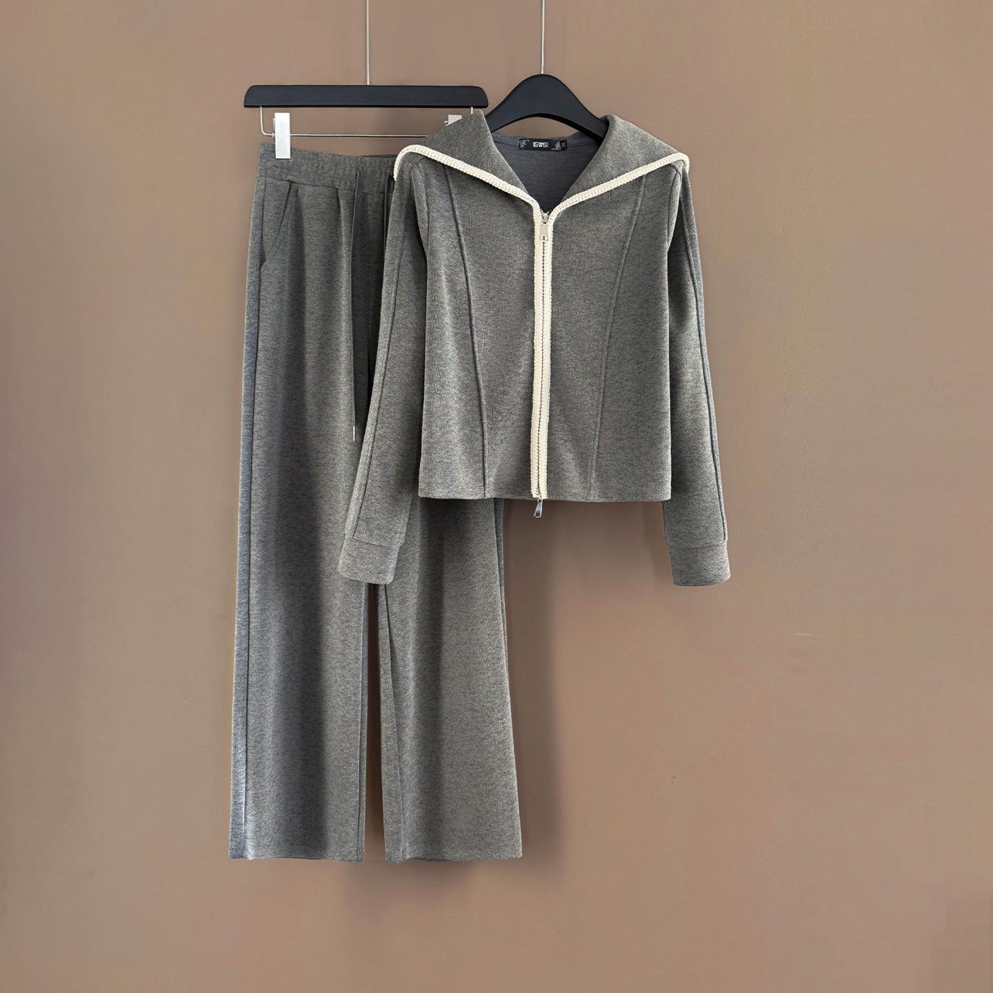 Spring Grey Stylish Petite Women s Suit: Short Jacket & Wide-Leg Pants Two-Piece Set S серого костюма