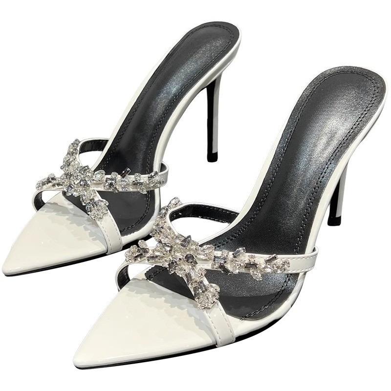 Fashion Rhinestone Sandals Women Summer New Pointed Toe Open Toe Patent Leather Cross Strap One Strap Stiletto Heel High Heel Half Drag