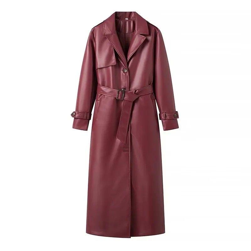 

Spring New Arrival Women s Clothing French Style Design Lapel Loose with Belt Long Poly Urethane Leather Trench Coat Outwear Dark red L