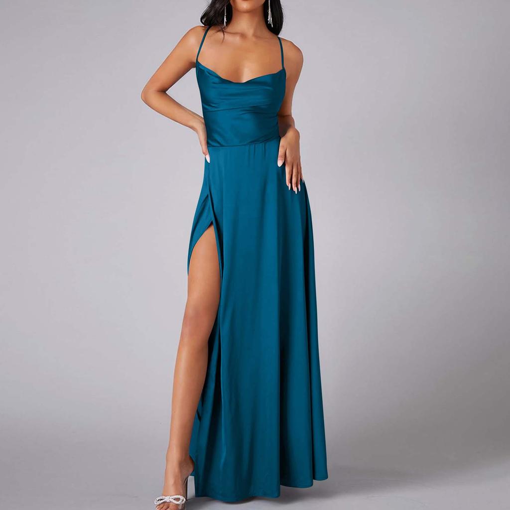 Women Summer Backless Long Satin Dress Cowl Neck Cross Spaghetti Strap Party Long Dress