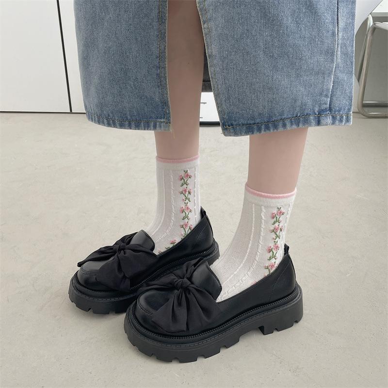 Small leather shoes spring and summer new pearl bow girl single shoes thick heel Mary Jane shoes women