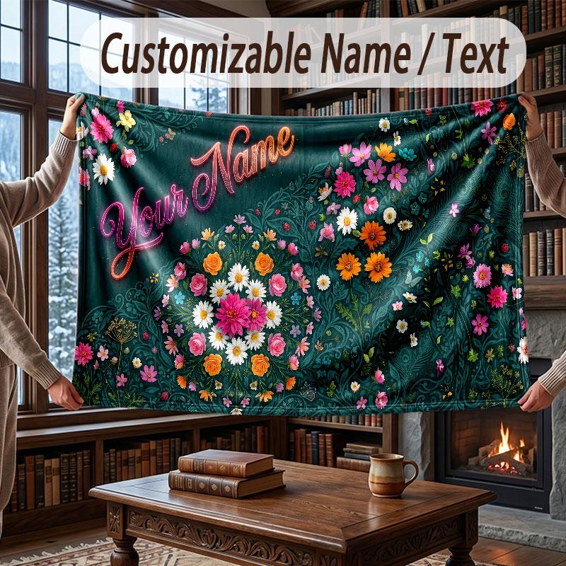 Floral Garden Theme Throw Blanket Custom Name Text Personalized Blanket Soft Cozy Blanket for Home Sofa Bed