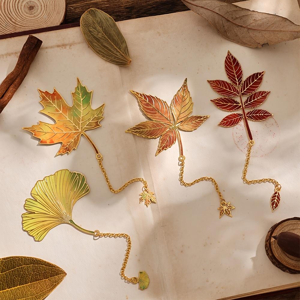 4pcs Vintage Autumn Leaves Hollow Bronzing Metal Bookmark with Metal Chain Pendant Bookmark for Birthday Writers Teachers