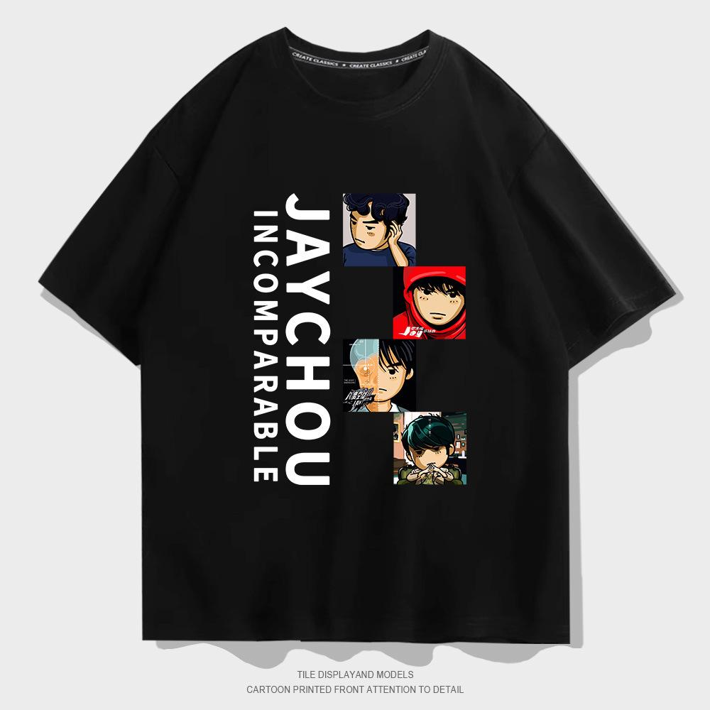 -Jay cartoon 4 people short-sleeved T-shirt men and women couple wear 2022 summer Jay Chou loose half-sleeved parent-child wear top XXS