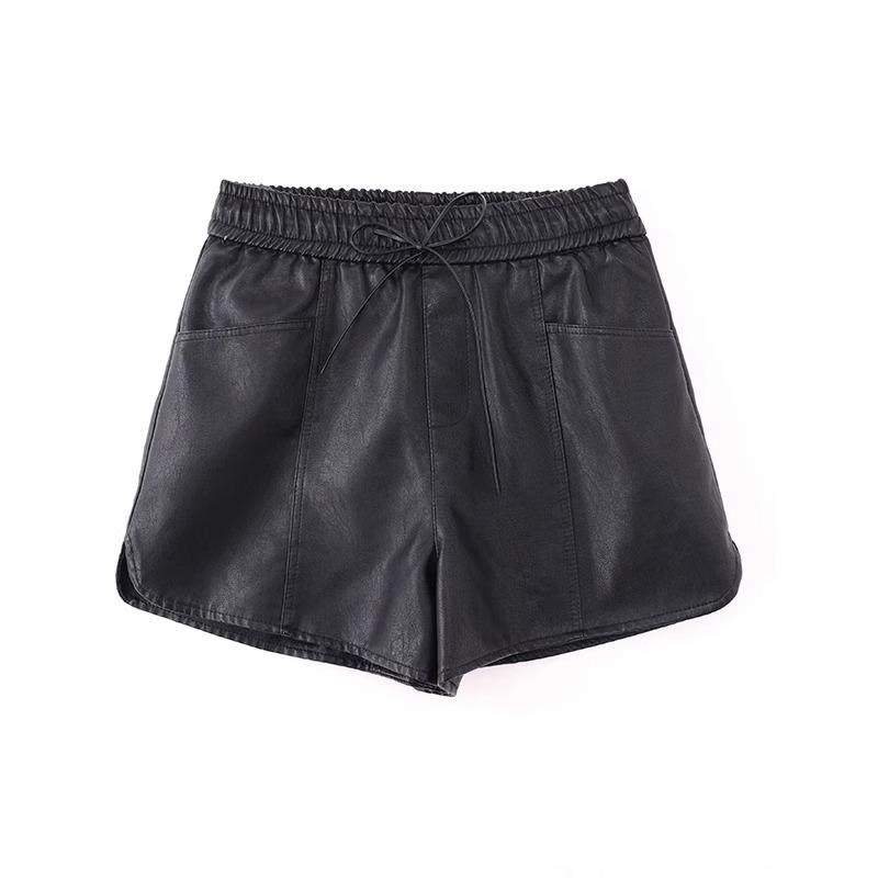 Women's High-Waist Khaki PU Leather Shorts, Autumn/Winter 2024, European Style, Casual A-Line Boot Pants by Melaard